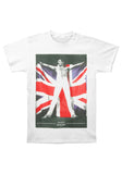 Freddie Mercury Draped in the Union Jack white t-shirt featuring an image of him shirtless with the union jack flag held open behind him, displayed on a white background.