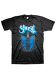 Ghost Blue Doom black t-shirt featuring a large logo in white with blue outline and a blue Papa illustration, displayed on  a white background.