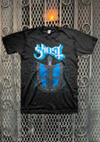Ghost Blue Doom black t-shirt featuring a large logo in white with blue outline and a blue Papa illustration, displayed on  a metal gate background.