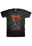 Ghost Charger black t-shirt featuring a large logo in orange with burgundy outline and a Papa on a charging horse illustration, displayed on a white background.