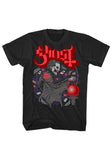 Ghost Dealer's Luck black t-shirt featuring artwork from the album and the band name logo in red and burgundy text, displayed on a white background.