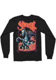 Back of Ghost Charger black long sleeve t-shirt featuring a large logo in orange with pink outline and a Papa on a charging horse illustration, displayed on  a white background.