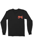 Front of Ghost Halloween Rider black long sleeve t-shirt featuring a small logo in orange with pink outline over the left chest area, displayed on a white background.