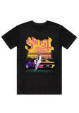 Ghost Miami Vice black t-shirt featuring a large band logo in bright pink and yellow font along with a colorful illustration of Papa in a Miami Vice setting leaning on a car, displayed on a white background.