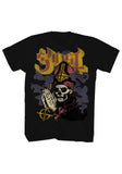 Ghost New Pope black t-shirt featuring the band name logo in yellow and burgundy text along with an illustration of a pope holding the Ghost logo in his prayer hands, displayed on a white background.