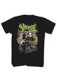 Ghost Papa Point black t-shirt featuring a large band logo in bright green and purple font along with a colorful illustration of Papa pointing up above a scene of band members performing, displayed on a white background.