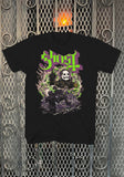 Ghost Papa Point black t-shirt featuring a large band logo in bright green and purple font along with a colorful illustration of Papa pointing up above a scene of band members performing, displayed on a metal gate background.