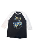 Black raglan t-shirt with 3/4 white sleeves with the band name Gojira and a sea creature design on the front.