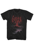 Gojira Volcano black t-shirt featuring a large band logo in red font and black and purple volcano erupting artwork, displayed on a white background.