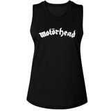 Close-up of Motorhead logo black sleeveless t-shirt featuring the classic logo in white text, photographed flat on a white background.