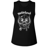 Close-up of Motorhead black sleeveless t-shirt featuring the logo and image of the war pig in white, photographed flat on a white background.