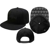 Black cap with 'Motorhead' branding, repeating warpig pattern on the inside of the bill, and tonal iron cross design on the back, displayed from multiple angles.