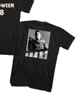 Back of Halloween '78 black t-shirt featuring a black and white image of Mike Myers holding a knife on a staircase, displayed against a white background.