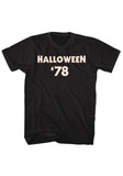 Front of Halloween '78 black t-shirt featuring the text 'Halloween '78' in white with orange outline, displayed against a white background.