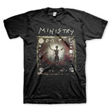 Black t-shirt with 'Ministry' band logo and design on a white background