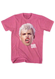 A heather pink short-sleeve t-shirt featuring a large graphic print of Billy Idol with platinum blonde hair and the word 'IDOL' printed in white next to it, displayed on a solid white background.