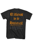 Back of Janes Addiction Ritual black t-shirt featuring the words 'El Ritual de lo Habitual' in orange text and 'Los Angeles, CA April 20, 21, 22, 25, 25, 28, 29 1989' in grey text, displayed on a white background.