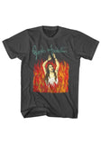 Front of Janes Addiction Ritual black t-shirt featuring burning imagery from the album artwork and the band logo in green text, displayed on a white background.