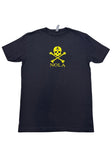 Kulture Vulture Exclusive NOLA black t-shirt with a yellow skull and crossbones with a fleur de lis in the forehead of the skull and 'NOLA' underneath the graphics, photographed flat on a white background.