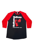 Front of Kulture Vulture black raglan t-shirt with red 3/4 sleeves featuring the store logo and large text "Kulture Vulture" and smaller text "French Quarter NOLA", displayed on a white background.