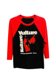 Front of Kulture Vulture black raglan t-shirt with red 3/4 sleeves featuring the store logo and large text "Kulture Vulture" and smaller text "French Quarter NOLA", photographed on a white background.