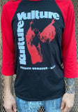 Front of Kulture Vulture black raglan t-shirt with red 3/4 sleeves featuring the store logo and large text "Kulture Vulture" and smaller text "French Quarter NOLA".