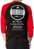 Back of Kulture Vulture black raglan t-shirt with red 3/4 sleeves featuring the store circular logo and white text "This is THE Store for Serious Music Fans.  523 Rue Dumaine Between Decatur and Chartres  www.kulutrevulturenola.com", on a model against a white background.