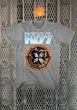 Kiss Rock and Rollover heather grey t-shirt featuring album artwork, displayed against a metal gate background.