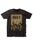Kiss Vintage Concert Ticket black t-shirt featuring a mock concert ticket from Toledo Ohio on July 31st in a parchment vintage design along with a black and sepia image of the band across the bottom of the ticket, displayed on a white background.