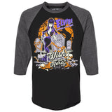 Close-up of Elvira black raglan t-shirt with dark charcoal heather grey 3/4 sleeves featuring a colorful image of her in a graveyard with the words 'Wish You Were Here' in large script, photographed flat on a white background.