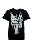 Lily Munster Batwing black t-shirt featuring a black and white image of her wearing a batwing cape and arms outstretched, displayed on a white background.