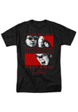 The Lost Boys black t-shirt featuring the movie imagery along with the words "Sleep all day Party all night Never grow old Never Die The Lost Boys", photographed flat on a white background.