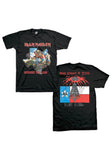 Black Iron Maiden Remember the Alamo t-shirt featuring the album cover artwork on the front and on back featuring the Texas 1984 tour artwork and dates on the back, on a white background.