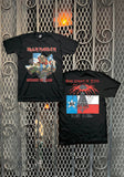 Black Iron Maiden Remember the Alamo t-shirt featuring the album cover artwork on the front and on back featuring the Texas 1984 tour artwork and dates on the back, on a metal gate background.
