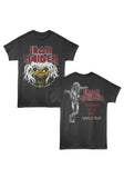 Black Iron Maiden 'The Beast on the Road' world tour graphic t-shirt shown from both the front and back against a plain white background.