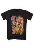 Iron Maiden Debut Record black t-shirt featuring album artwork, displayed on a white background.
