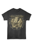 A black short-sleeve crewneck t-shirt featuring a large graphic print of an ancient Egyptian pharaoh mask with hieroglyphs and the text 'Iron Maiden' at the top, displayed against a plain white background.