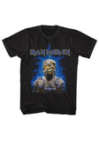 Iron Maiden Powerslave Mummy Eddie black t-shirt featuring artwork from the 12 inch single with Eddie as a mummy, displayed on a white background.
