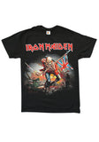 Iron Maiden Trooper black t-shirt featuring the band name in red with white outlines along with an illustration of the classic Trooper image, displayed against a white background.