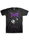 Mayhem Live in Leipzig black t-shirt featuring album artwork in black and white and the band logo in purple, displayed on a white background.