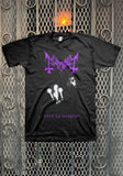 Mayhem Live in Leipzig black t-shirt featuring album artwork in black and white and the band logo in purple, displayed on a metal gate background.