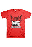Mayhem Deathcrush red t-shirt featuring album artwork in black and white and the band logo in black, displayed on a white background.