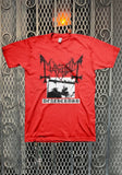 Mayhem Deathcrush red t-shirt featuring album artwork in black and white and the band logo in black, displayed on a metal gate background.