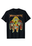 Megadeth Warheads black t-shirt featuring illustrations of the heads of the band members around a radiation symbol and the band logo across the top in yellow and orange text, displayed on a white background.