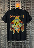 Megadeth Warheads black t-shirt featuring illustrations of the heads of the band members around a radiation symbol and the band logo across the top in yellow and orange text, displayed on a metal gate background.