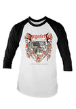 Megadeath Killing is My Business white raglan t-shirt with black 3/4 sleeves featuring album artwork, displayed on a white background.