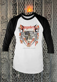 Megadeath Killing is My Business white raglan t-shirt with black 3/4 sleeves featuring album artwork, displayed on a metal gate background.