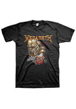 Megadeth Peace Sells black t-shirt featuring album artwork along with red text 'Peace sells but who's buying' under the golden band logo on the left of the image, displayed against a white background.