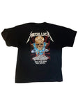 Back of Metallica Harvester of Sorrow black t-shirt featuring a large skull illustration along with the band logo across the top in off white and the text 'soon you'll please their appetite' in white under the image, displayed on a white background.