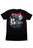 Back of Metallica Damaged Justice black t-shirt featuring hammer of justice artwork along with the band logo across the top in large distressed red text, displayed on a white background.